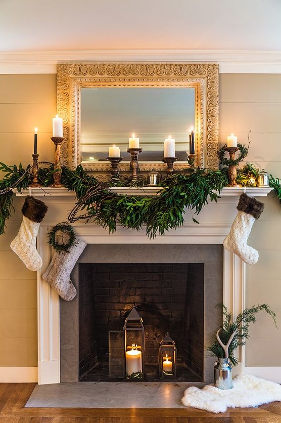 Place a few regular lanterns with candles in the fireplace and a few candles on the mantel