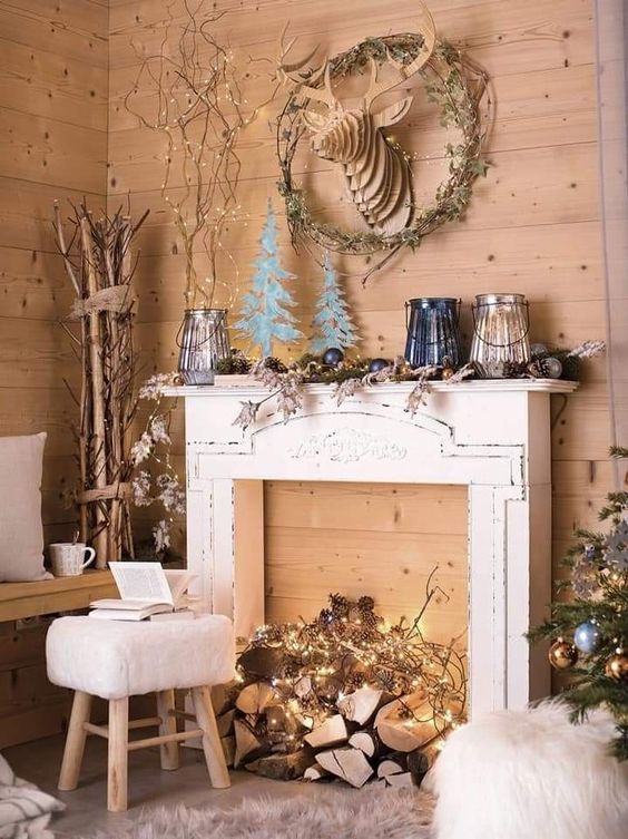 A faux fireplace with logs and lights and Christmas decorations on and around the mantel is a beautiful idea