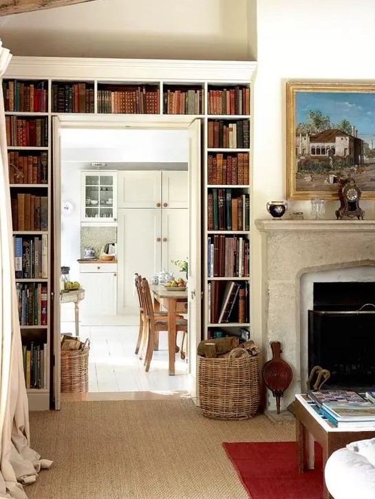A vintage room with open bookshelves over the door is a nice idea to store books and give the room a cool and chic look