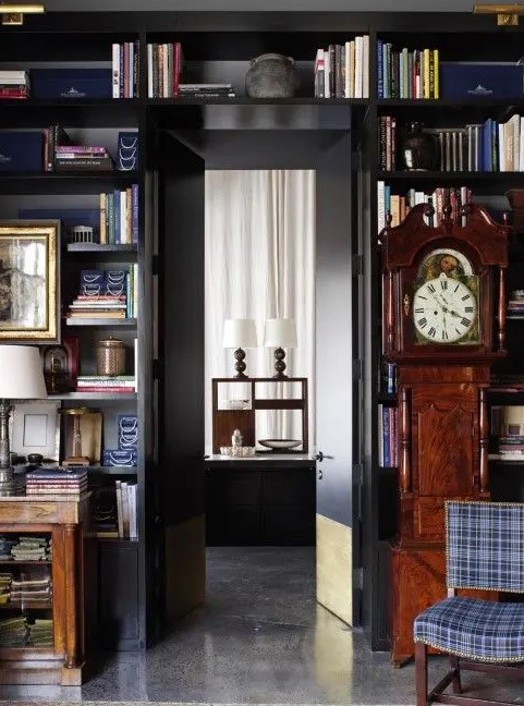 Door shelves with books, art, clocks and other things are a nice idea to store lots of things and display them at their best
