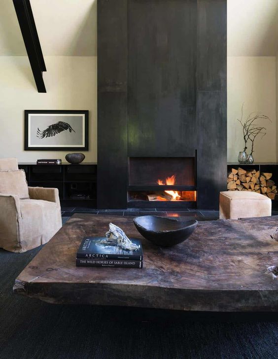 a moody living room with a metal fireplace, a coffee table, neutral seating furniture, storage units and some decor