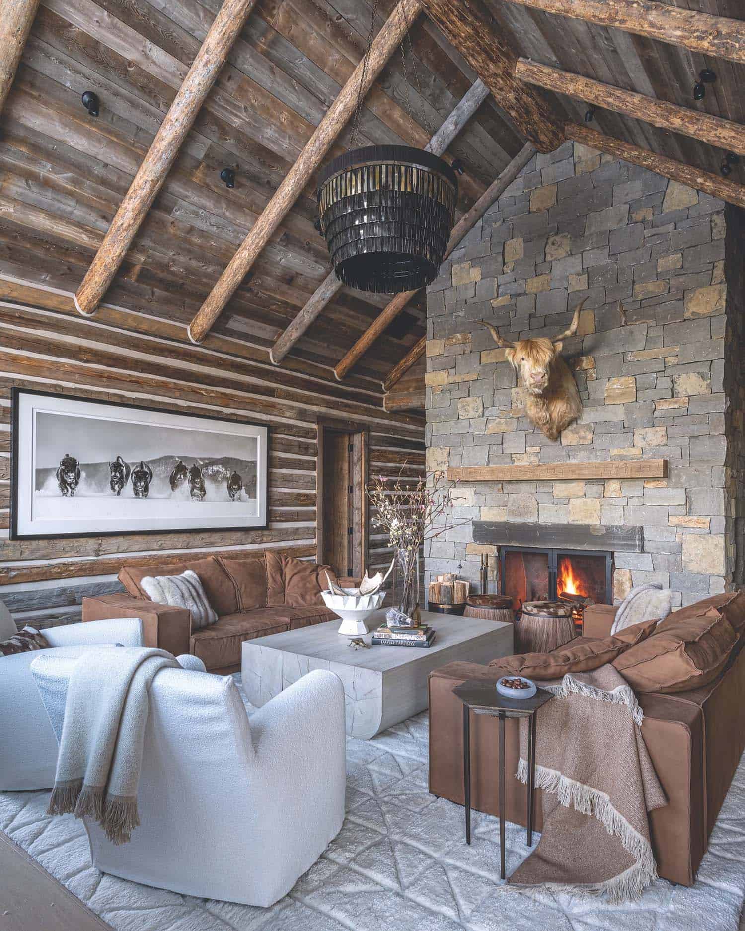 Modern, rustic living room with fireplace