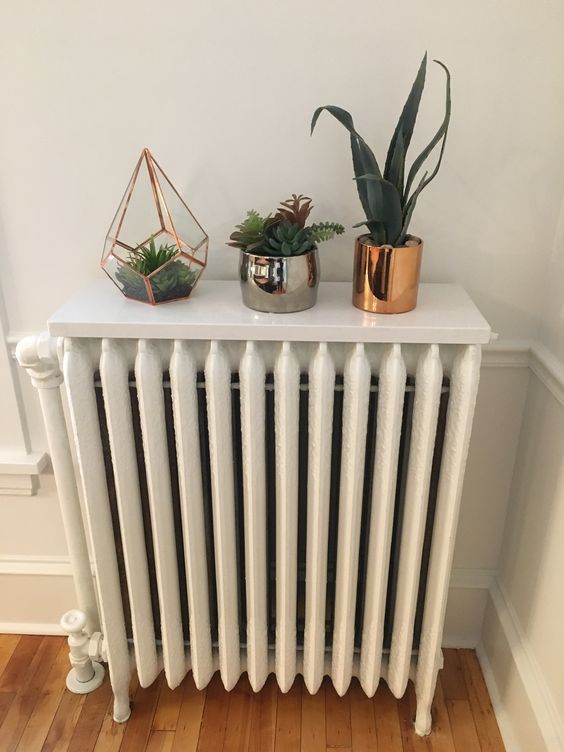 A white radiator with a white shelf on top that serves as a plant display is a cool piece that won't be distracting in the room