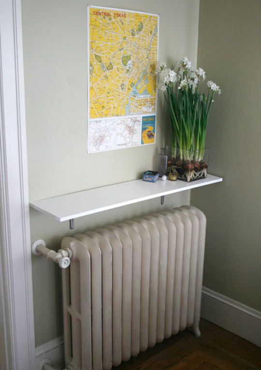 A wall mounted shelf above the radiator to display things and plants is a cool idea to create some storage space and cover an eyesore