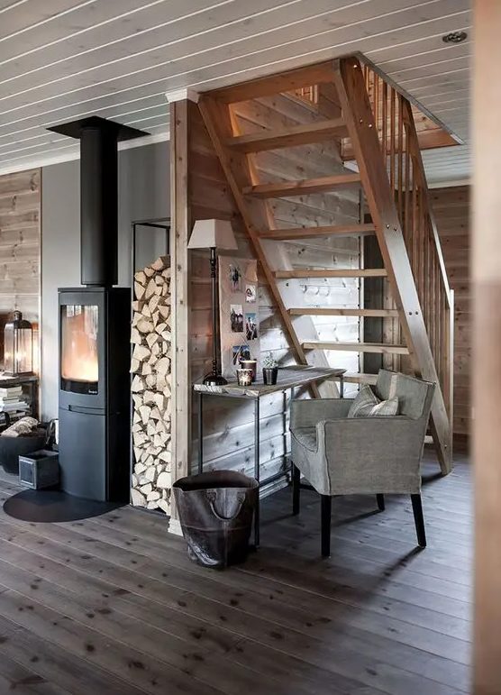 A cozy Scandinavian room with a fireplace, a gray stained floorboard, richly stained plank walls and a staircase and gray furniture is inviting
