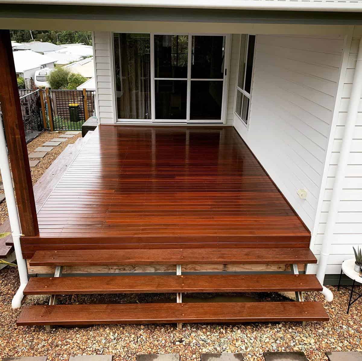 Varnished wooden deck in the backyard
