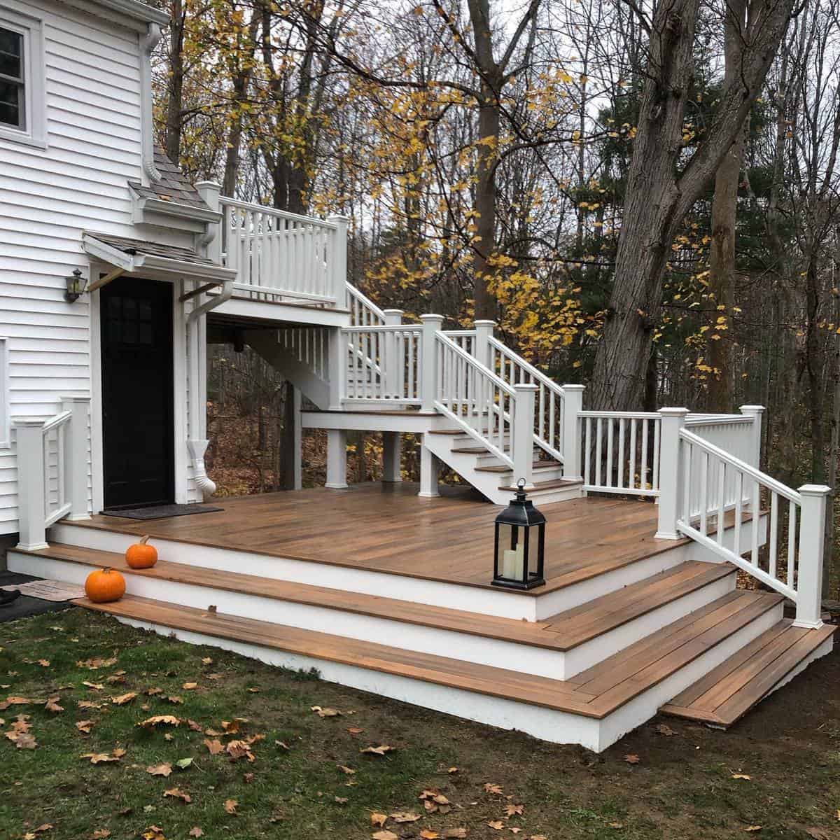 two-tone white and brown deck stair pumpkins 