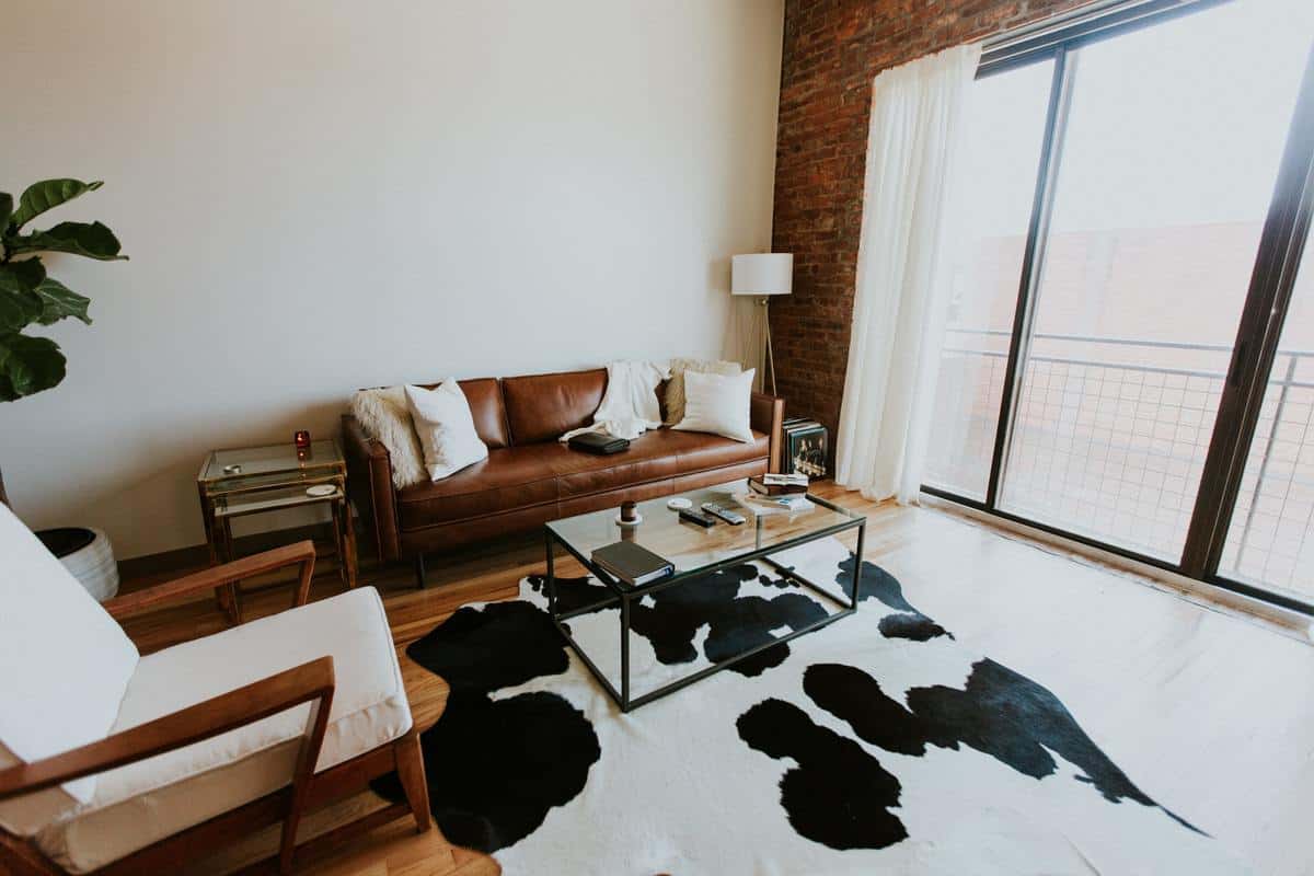 Brown cowhide couch floor carpet in the living room