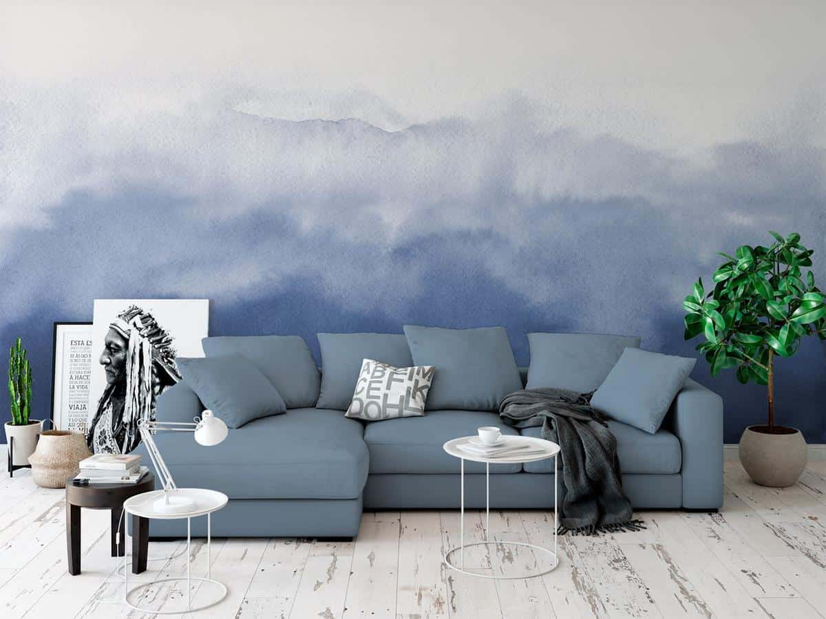 Wallpaper with blue sky, blue sofa and white tables
