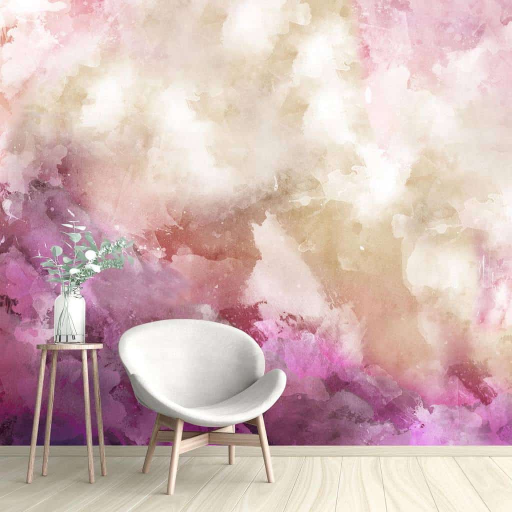 Pink abstract wall mural ideas, white chair 