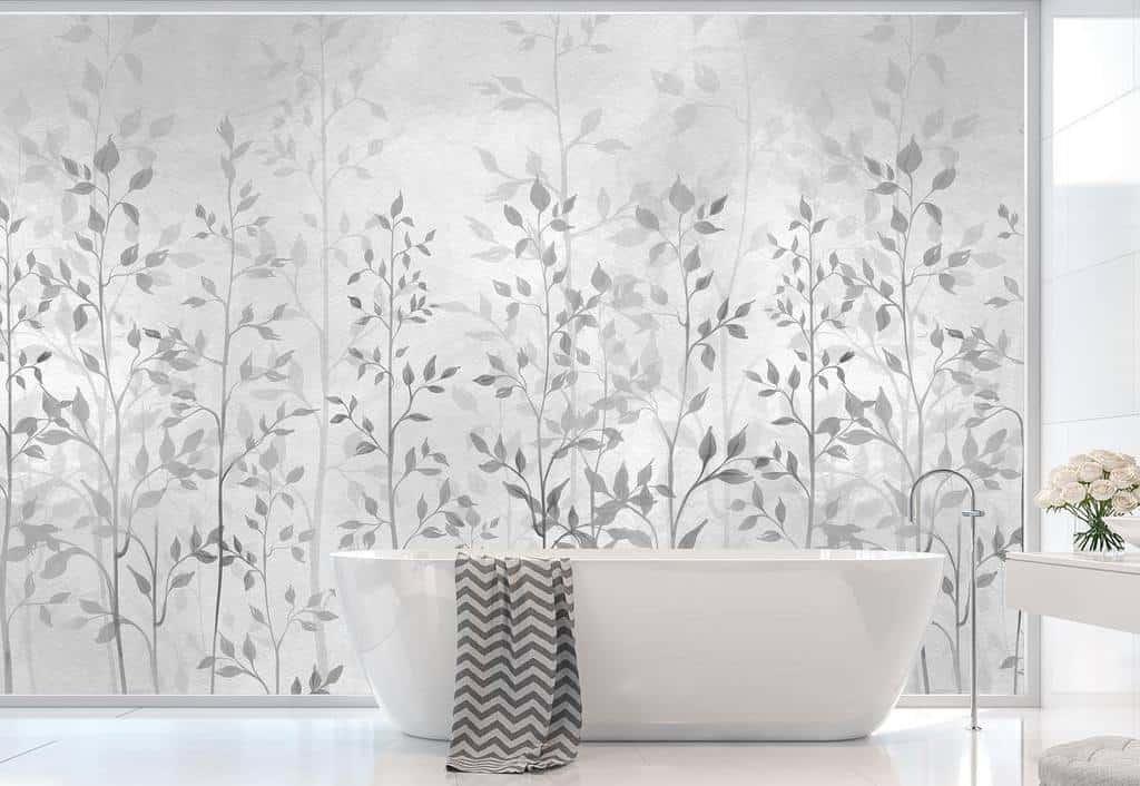 Bathroom mural with small plants, freestanding white bathtub 