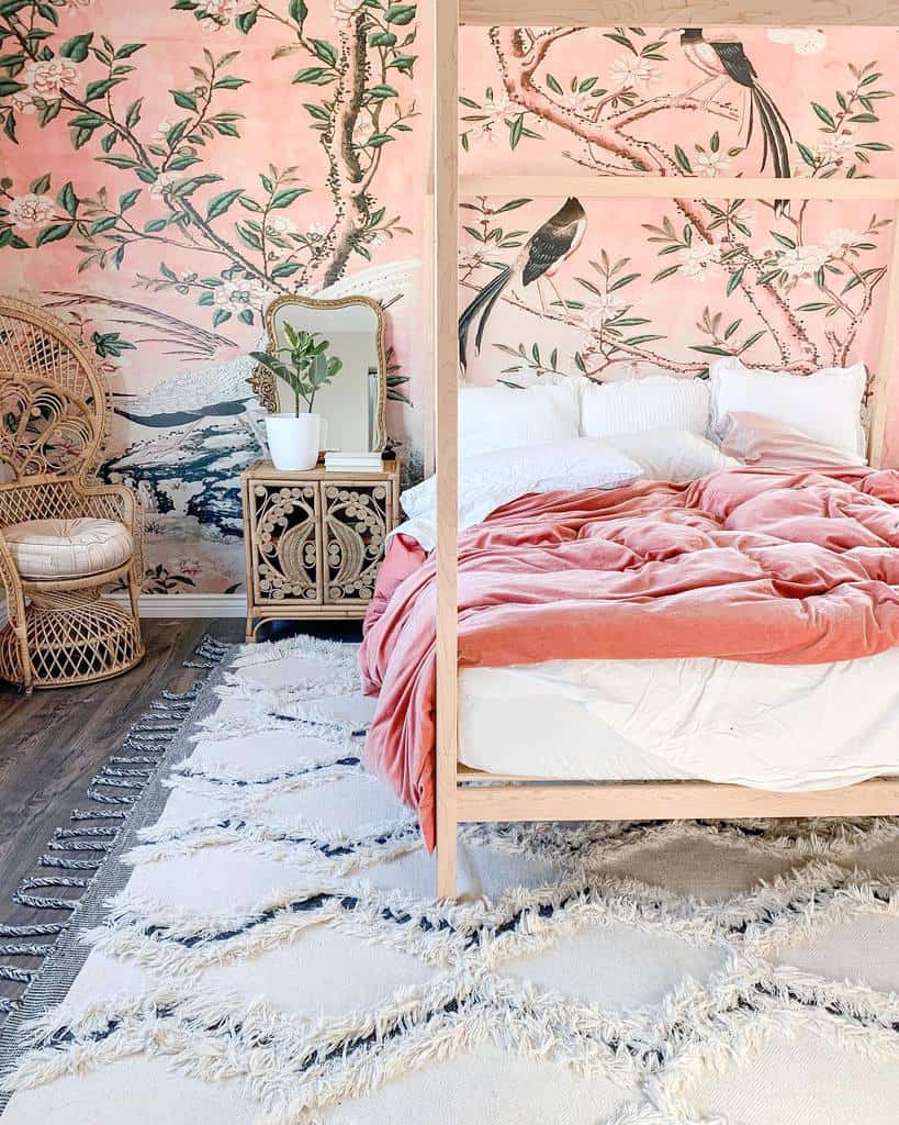 Pink nature mural in boho bedroom 