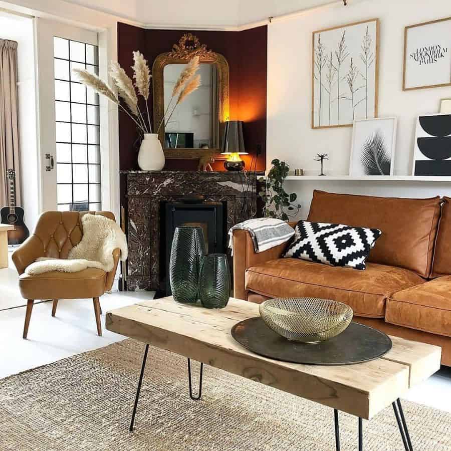 Modern, rustic living room with corner fireplace and brown sofa 