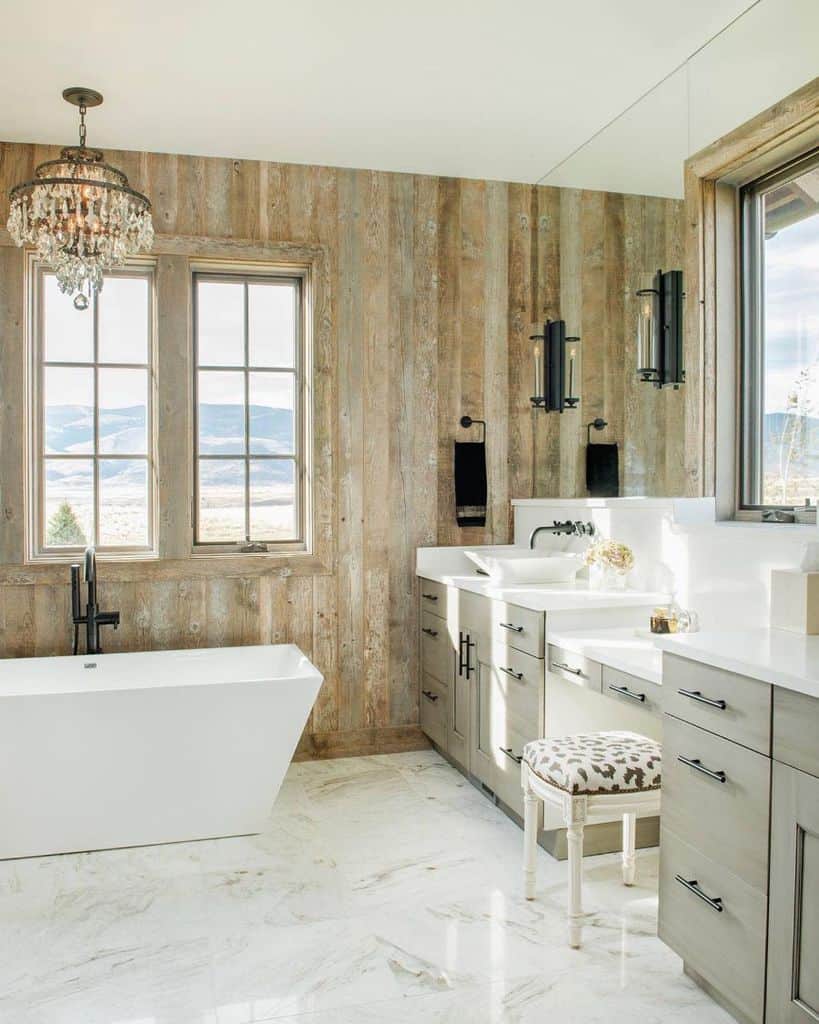 Luxurious, rustic bathroom with wood-paneled walls