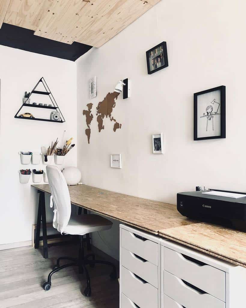 minimalist home office wall chart artwork, white chair 