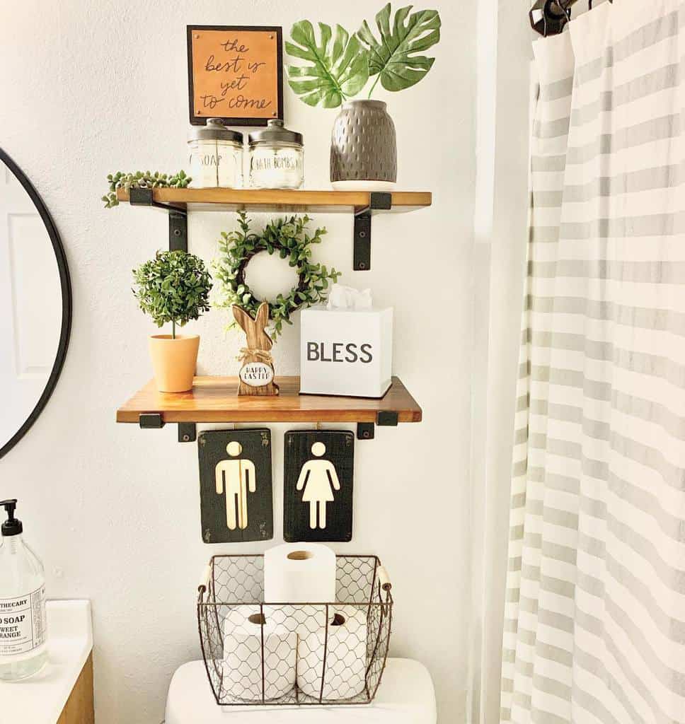 Wooden bathroom shelves with plants and tissues 