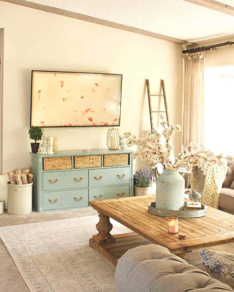 Country style living room, blue cabinets, ladder, decoration, wooden coffee table 