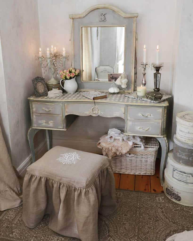 French bedroom style dressing table, gray candlesticks, wicker basket 