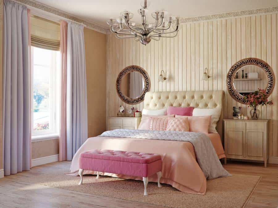 Elegant French Country Style Chandelier Pink Ottoman Wall Mirror 