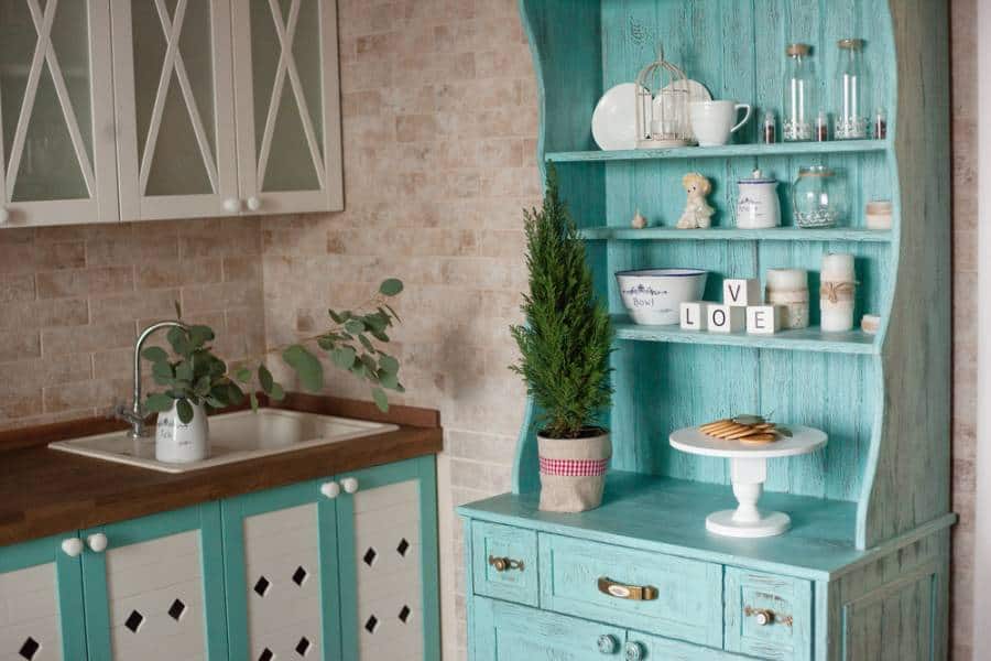 Turquoise kitchen cabinet wall plants 