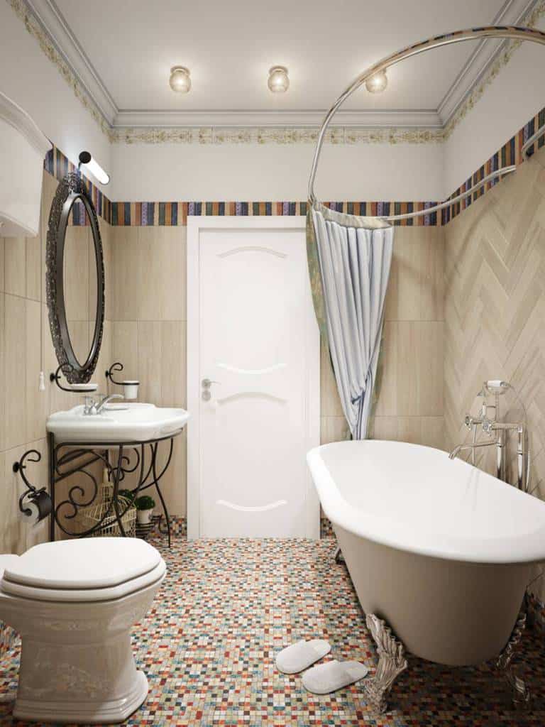 Small modern bathroom, subway tiles, wall mosaic, floor tiles, white bathtub and vanity 