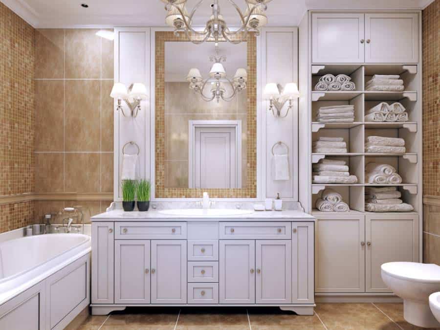 Elegant bathroom, large white vanity and cabinet with shelves, mosaic wall tiles 