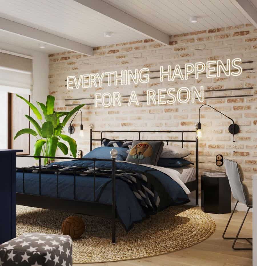 Accentuate the brick wall in the modern boy's room with the 