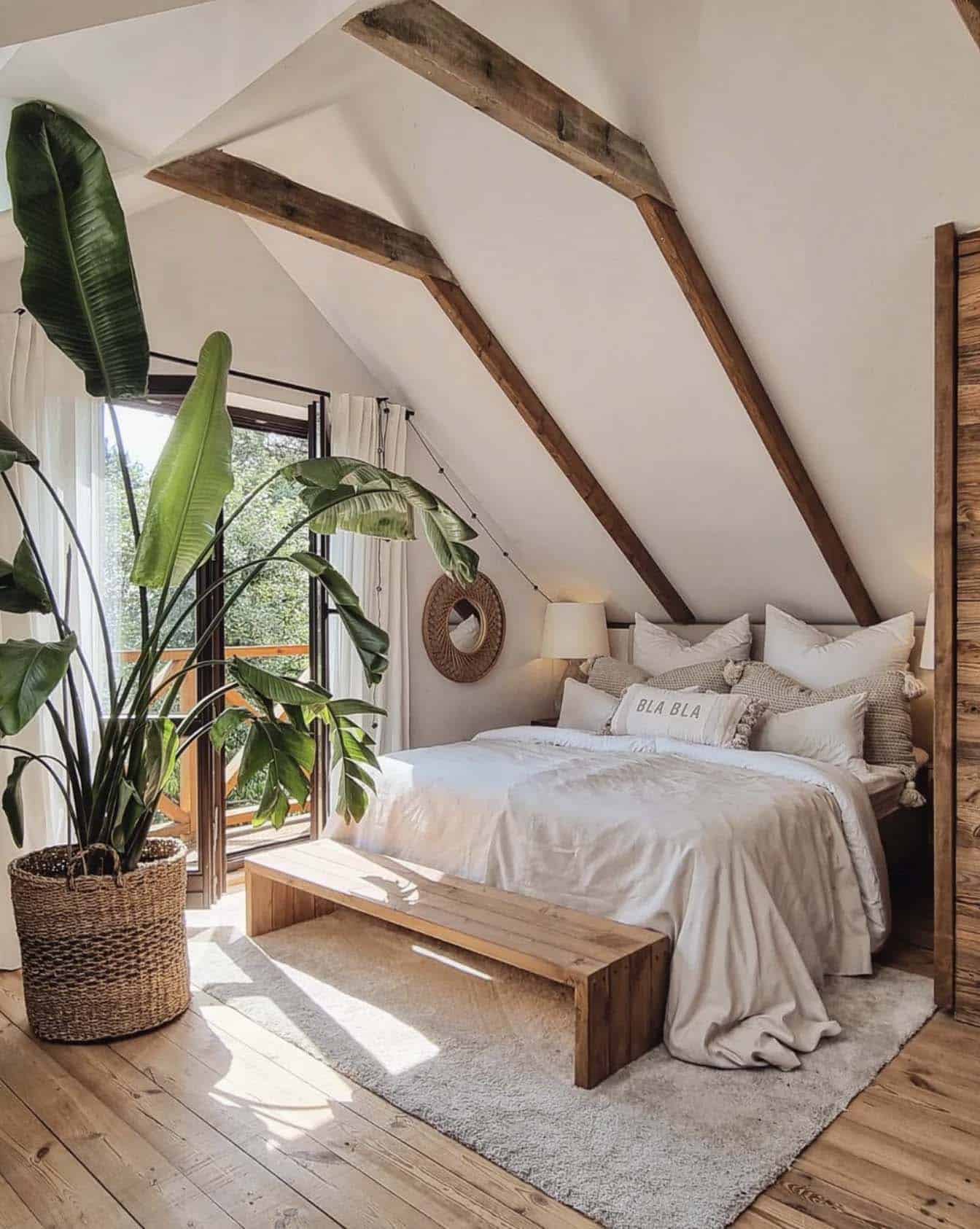 cozy bedroom with a high, light-filled ceiling and a large plant