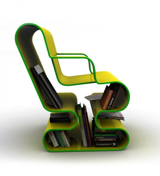 A neon yellow and green bent plywood chair with plenty of storage for books and magazines is great for a reading nook