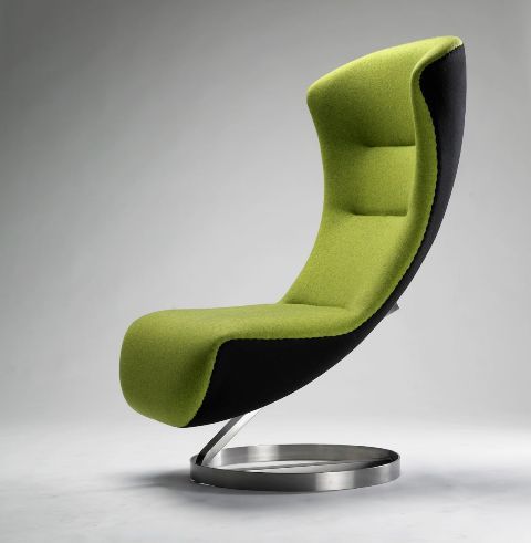 A beautiful neon green and black chair with the silhouette of an armchair but without armrests and a high stand is a striking and bold idea