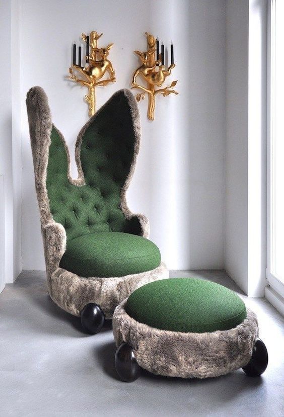 A green and gray faux fur chair reminiscent of a rabbit with a matching ottoman is a super cool and fun idea