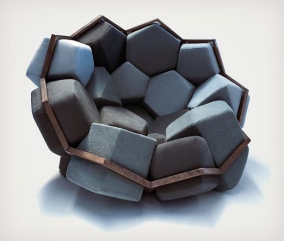 A bold modern chair consisting of a metal frame and gray and blue hexagons inserted into it is a very catchy and bold idea
