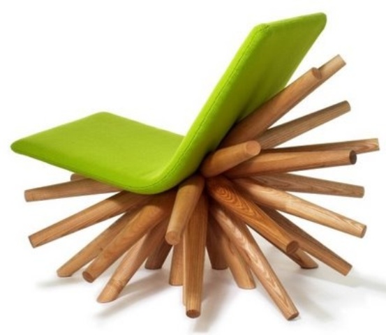 A unique chair with a wooden base and a neon green seat is a bold idea that will make a statement in any room. It's not comfortable to sit on, but it makes a great decoration