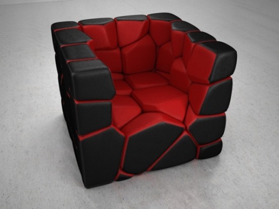 A black and red pieced cube-shaped chair is a striking idea for a modern and bold space, it will add both color and interest