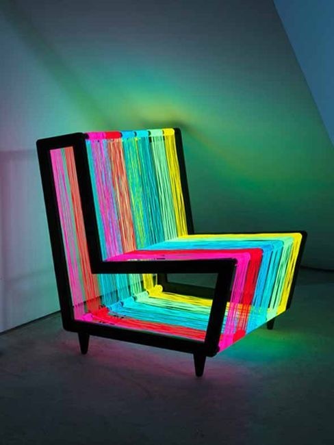 A stunning, colorful chair with neon threads is a good idea if you love disco and want to bring a bit of disco into your space