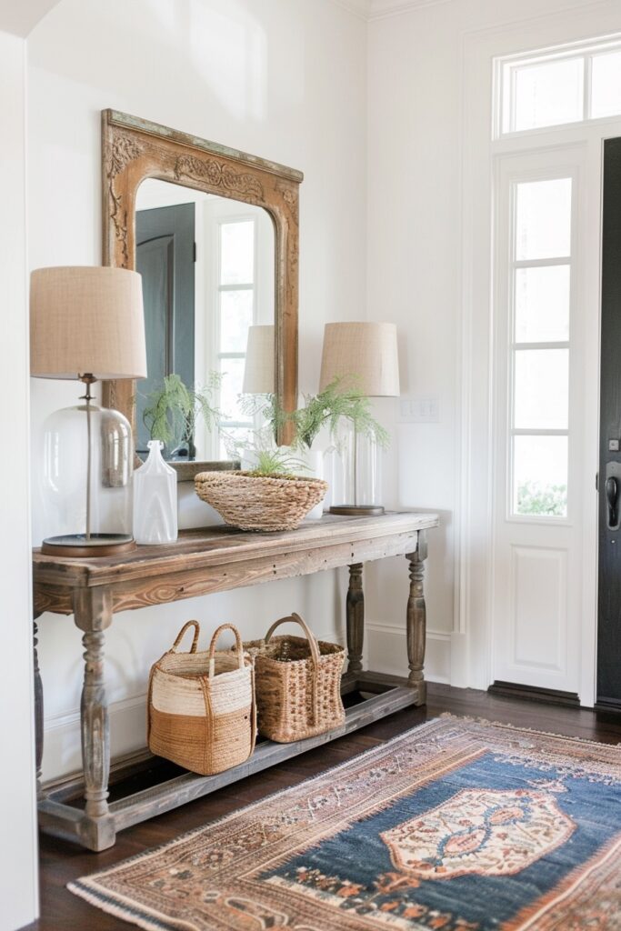 Simple, organically inspired entryway table setting with statement rug and lamps