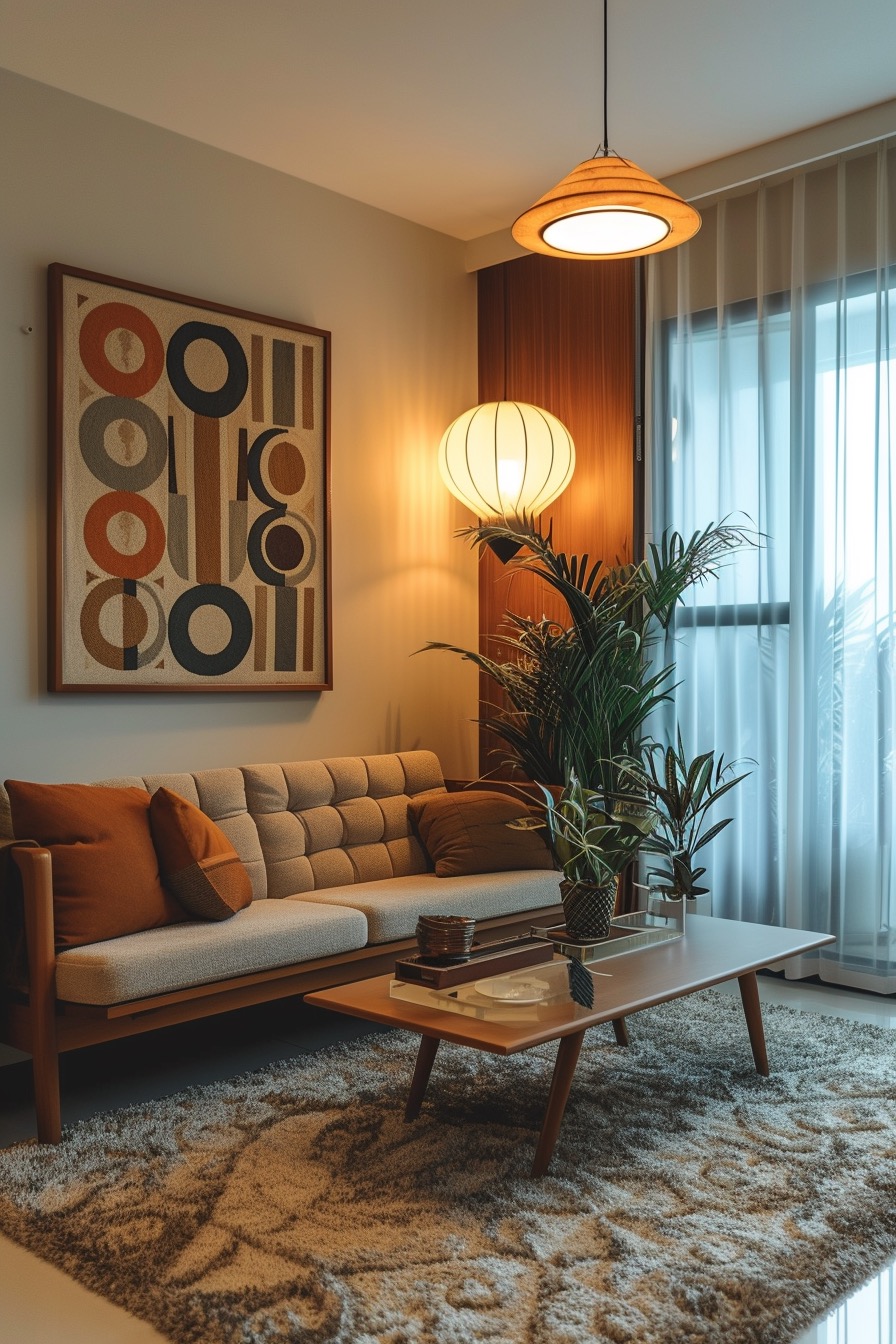 Simple 70s mid-century living room with abstract geometric art