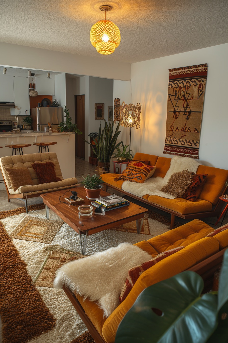 70s living room with orange sofas and bohemian textures
