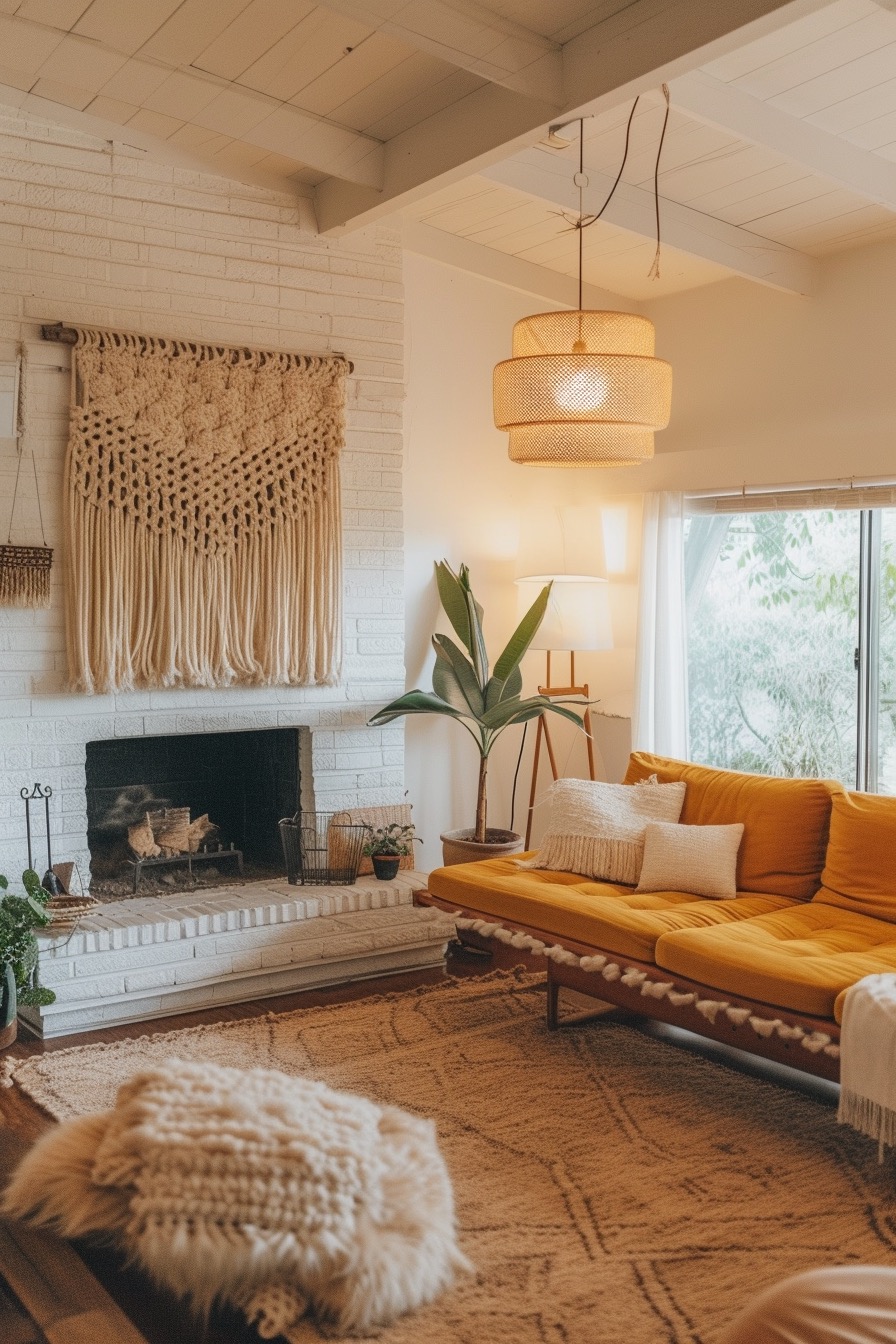 Neutral 70s-inspired living room with brick fireplace