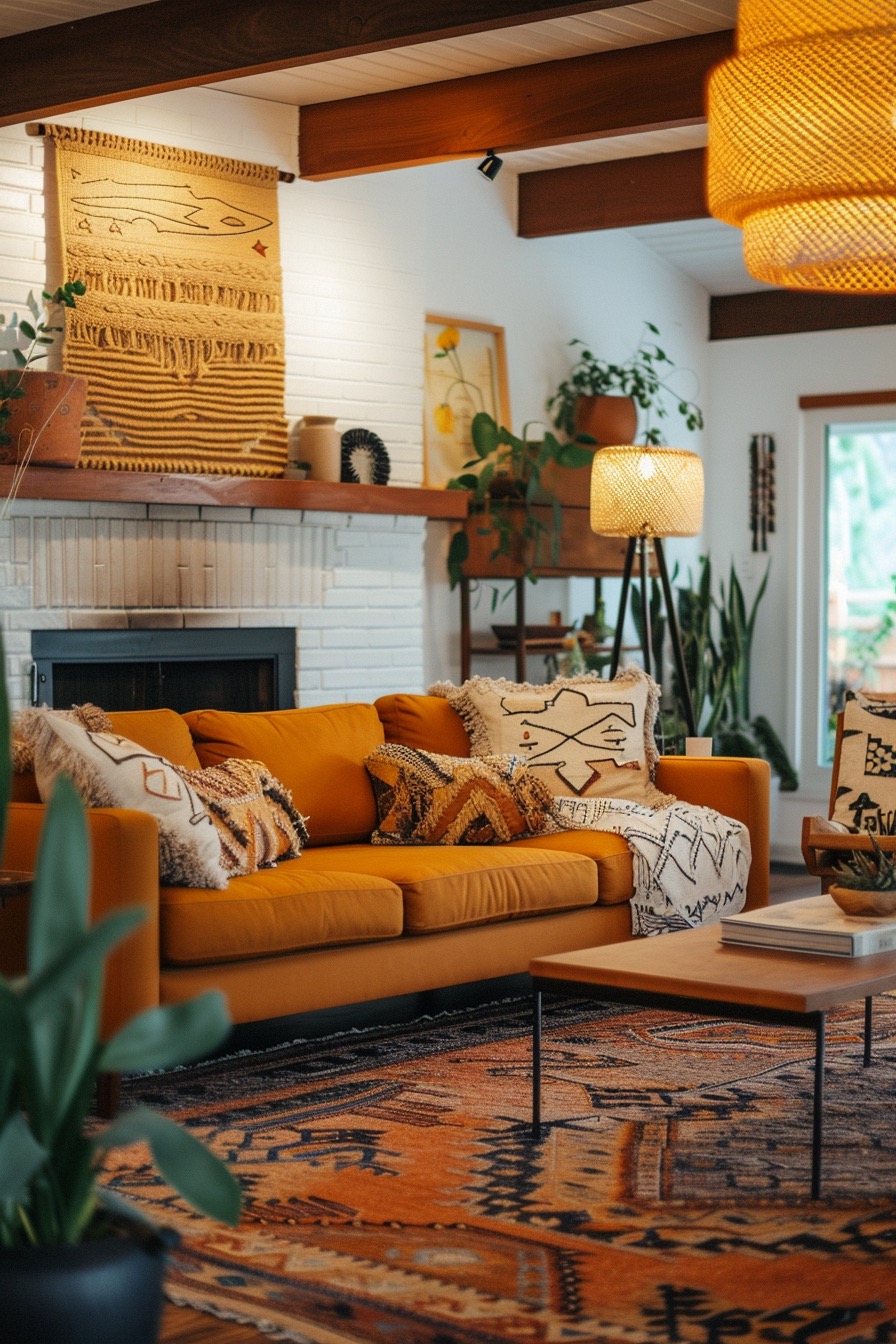 70s-style boho living room with geometric structures and wooden ceiling beams