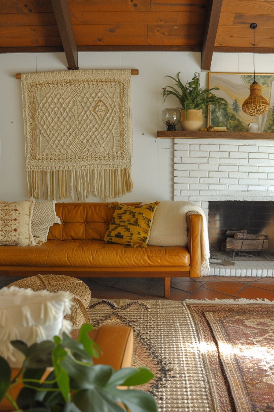 Simple mid-century boho living room with vintage textured rugs