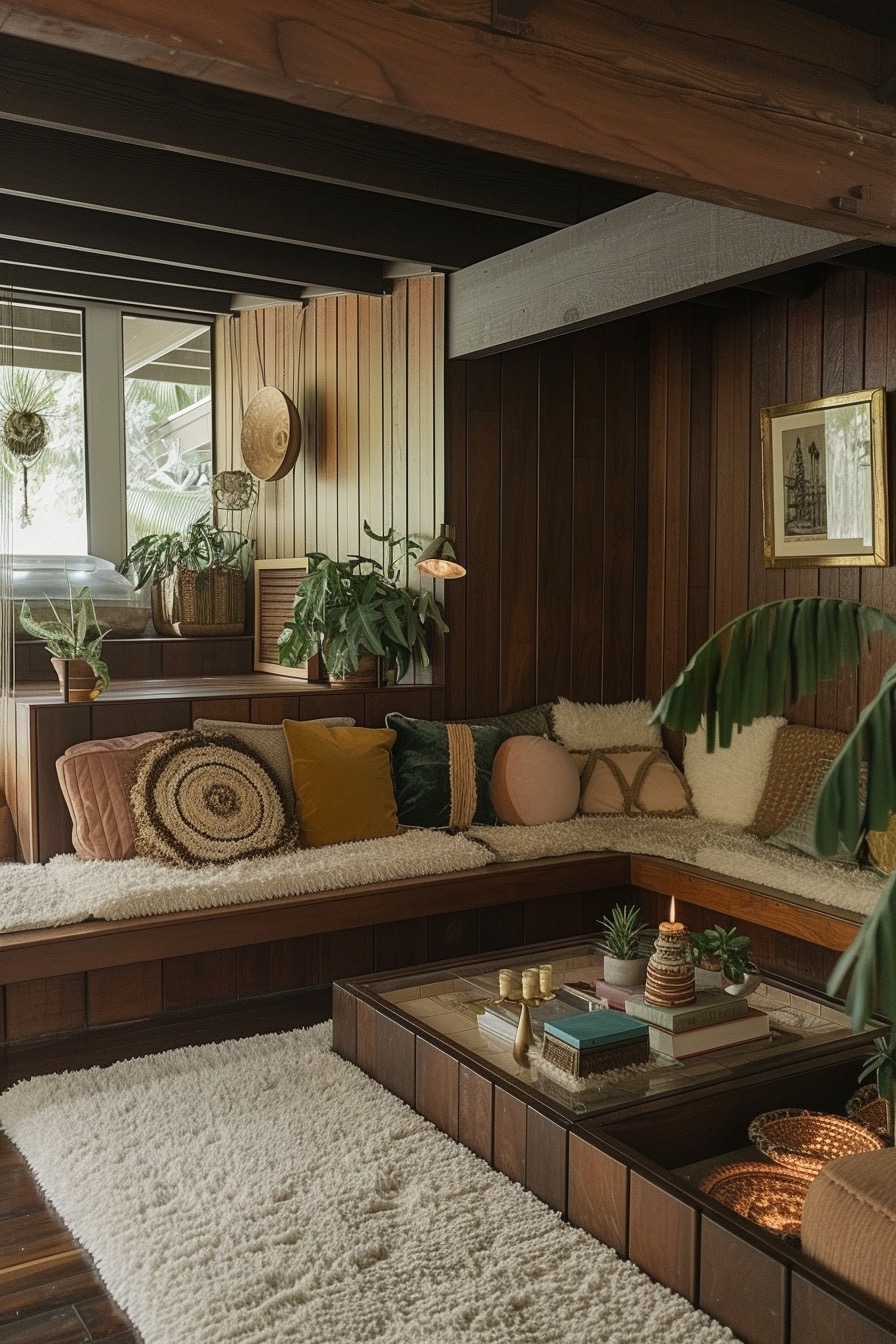 70s style conversation pit with wooden wall paneling
