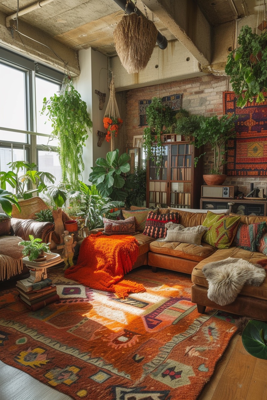 Groovy retro maximalist living room in 70s style