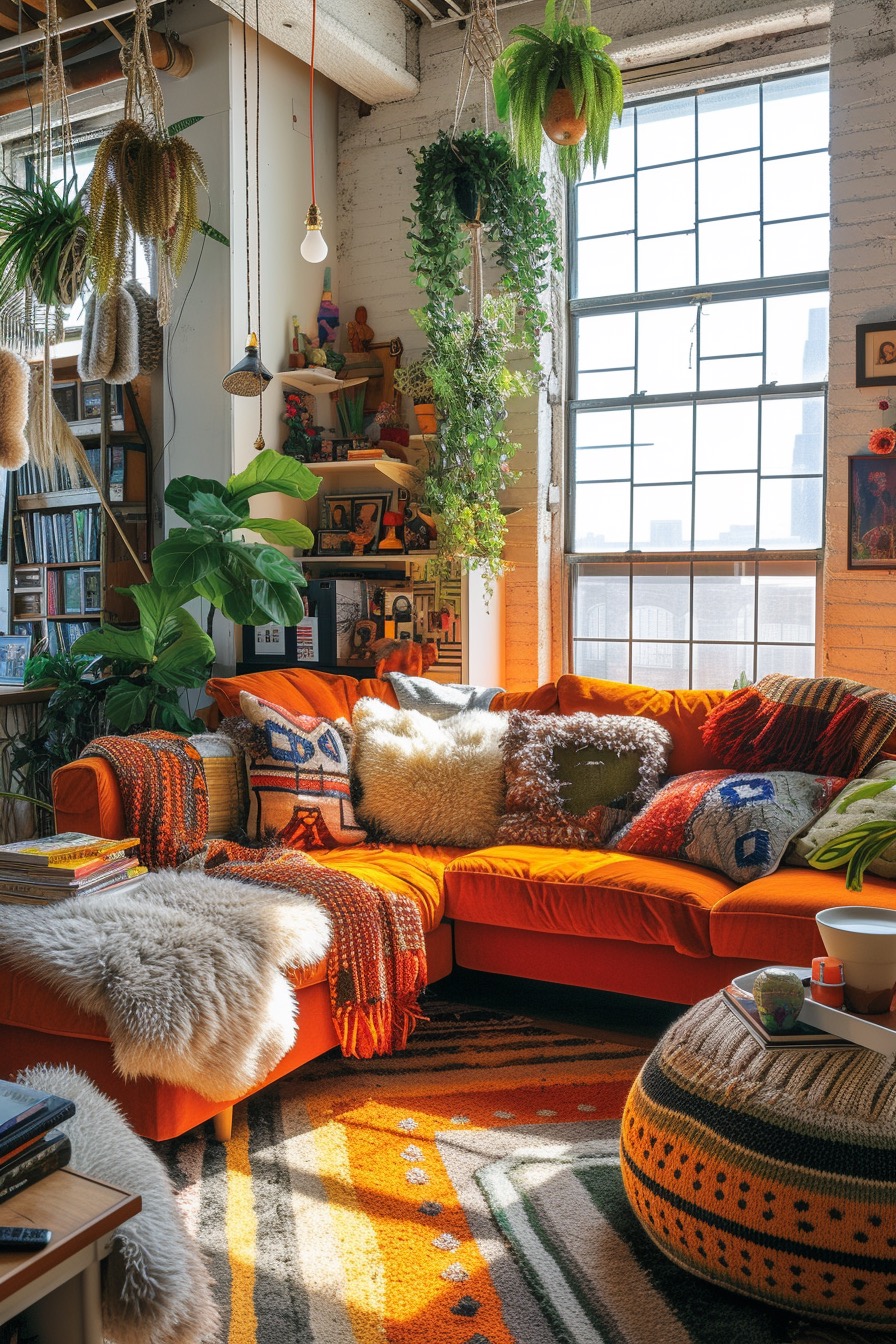 Maximalist 70s-inspired living room with mixed textures and busy bookshelves