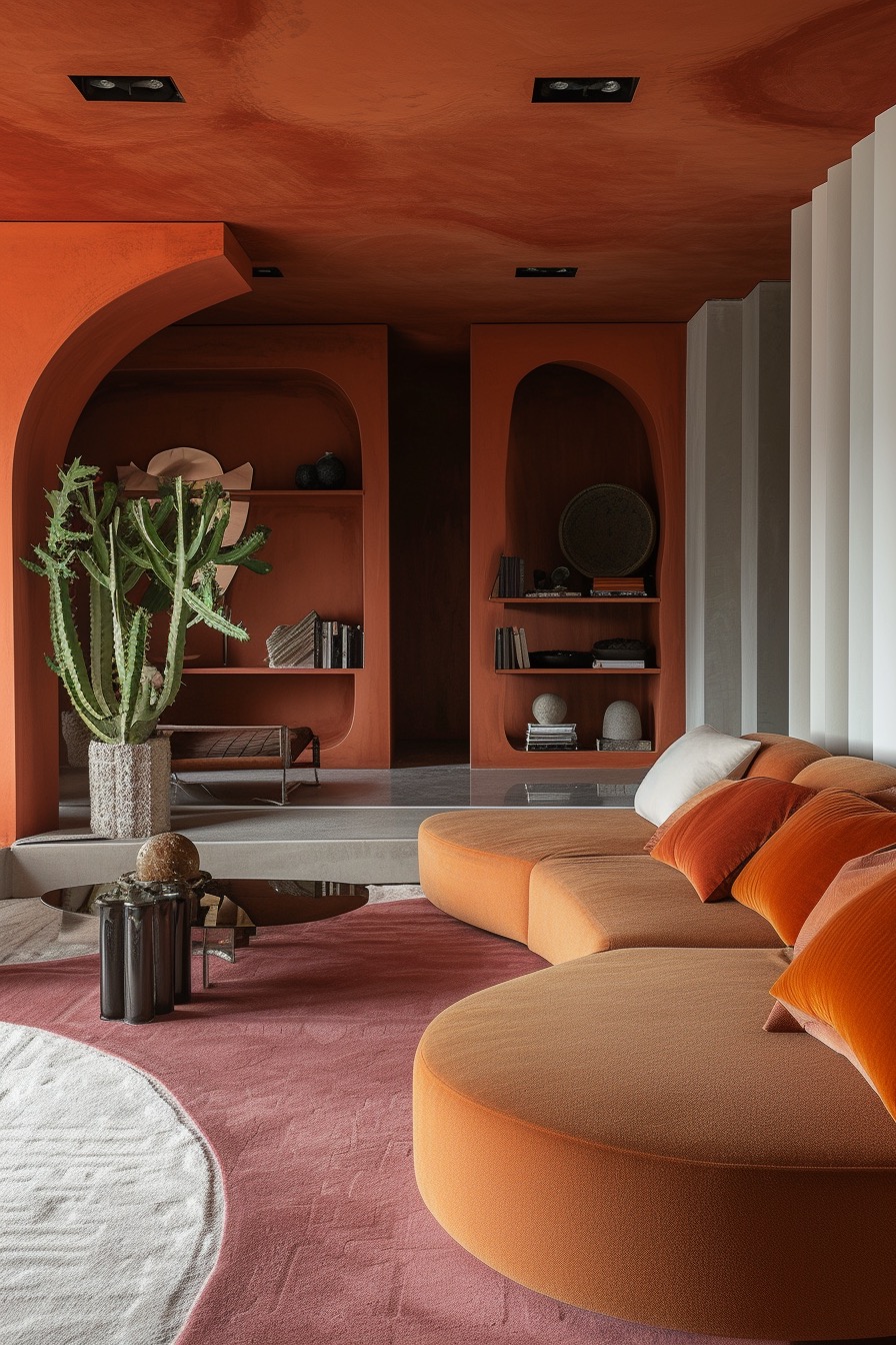 70s-style orange and terracotta living room with pink carpet