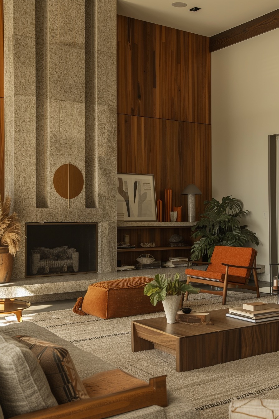 70s style living room with tall stone fireplace and wooden walls