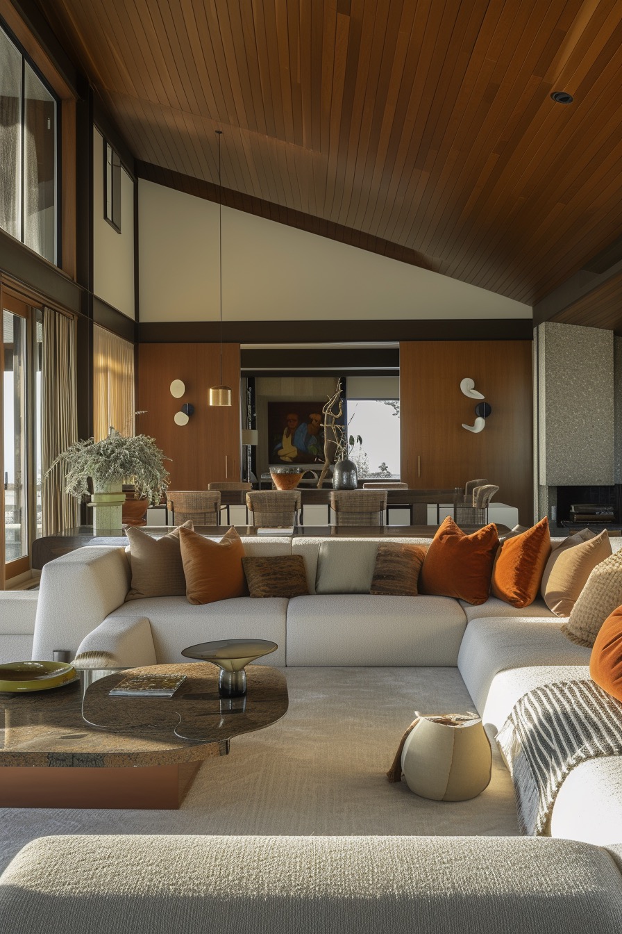 Open, neutral 70s-style living room with wooden ceilings
