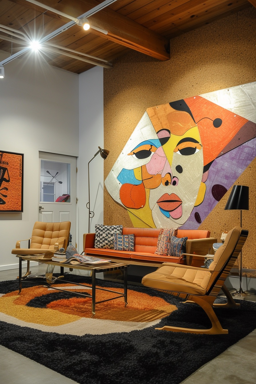 Eclectic '70s living room with cork wall and abstract portrait art