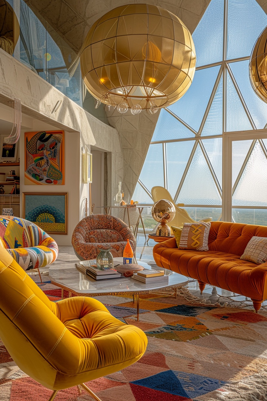 70s-style penthouse living room with colorful patterned seating and large patchwork carpet