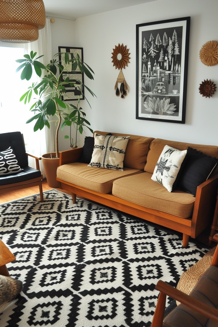 Neutral 70s living room with rattan and black and white accents